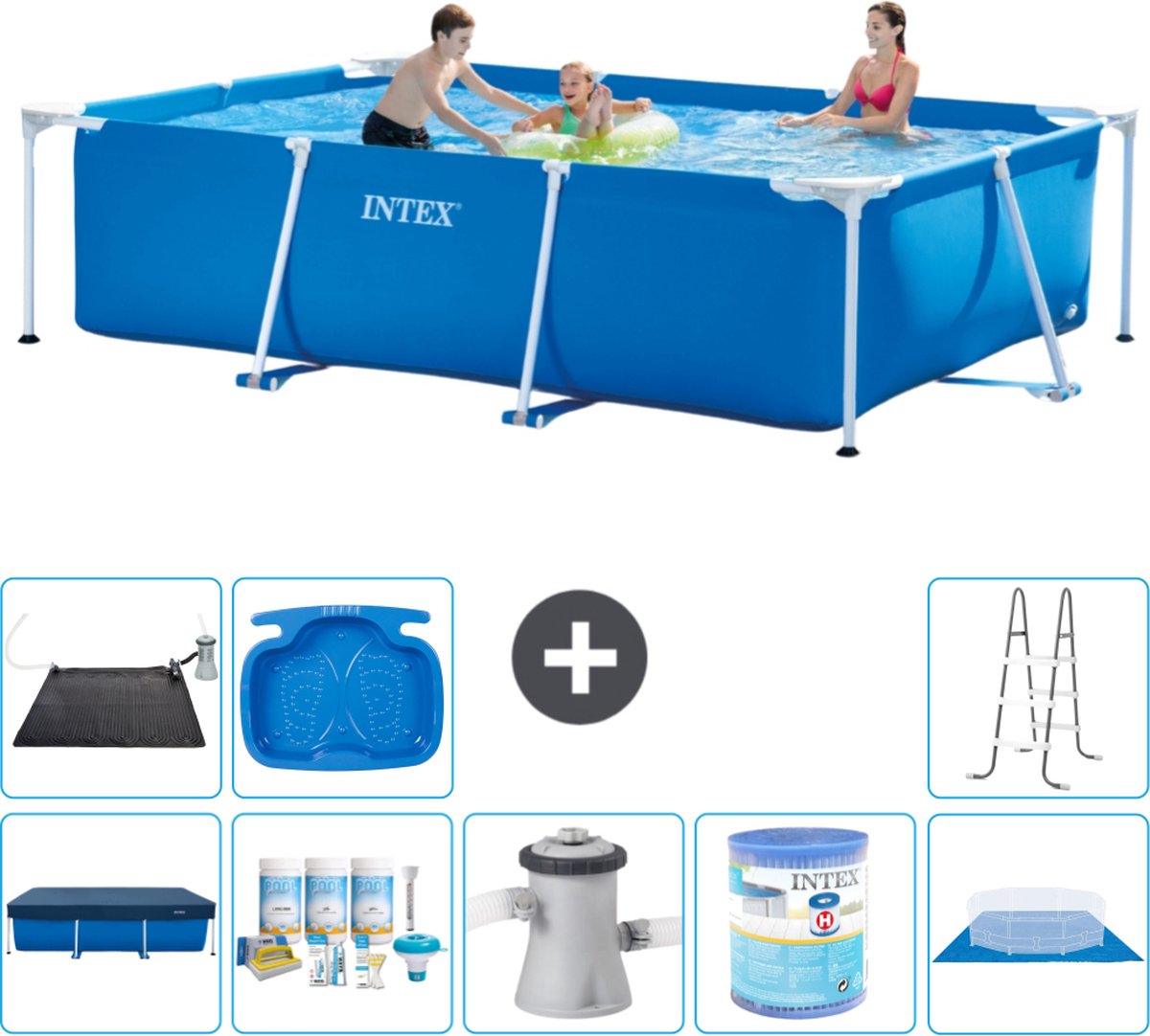 Intex Frame Pool Intex Rechthoekig Frame Zwembad 300 x 200 x 75 cm Blauw Inclusief Afdekzeil Onderhoudspakket Zwembadfilterpomp Filter Grondzeil Solar Mat Ladder Voetenbad