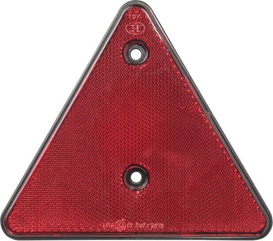 Een rode driehoekreflector met zwarte rand en twee schroefgaten. Tekst 'TOP' en keurmerk zichtbaar.