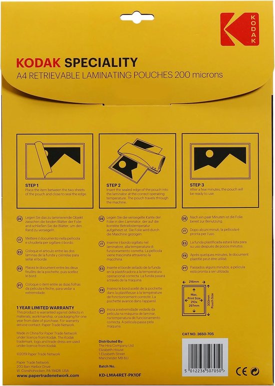 Pochettes De Plastification Réutilisables KODAK A4 - 200 Microns - Lot De 10 - Bord Déchirable Pour Retirer Les Documents Facilement - 13
