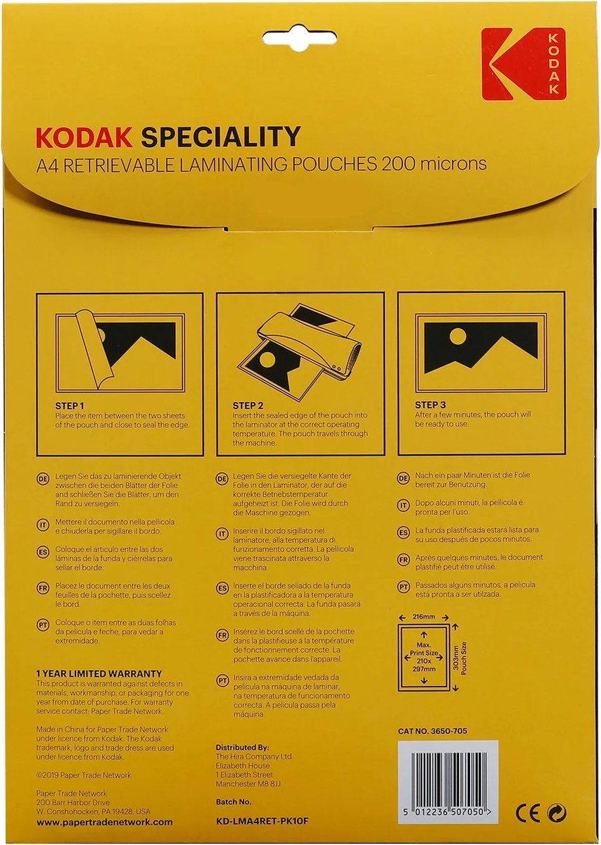Pochettes De Plastification Réutilisables KODAK A4 - 200 Microns - Lot De 10 - Bord Déchirable Pour Retirer Les Documents Facilement - 4