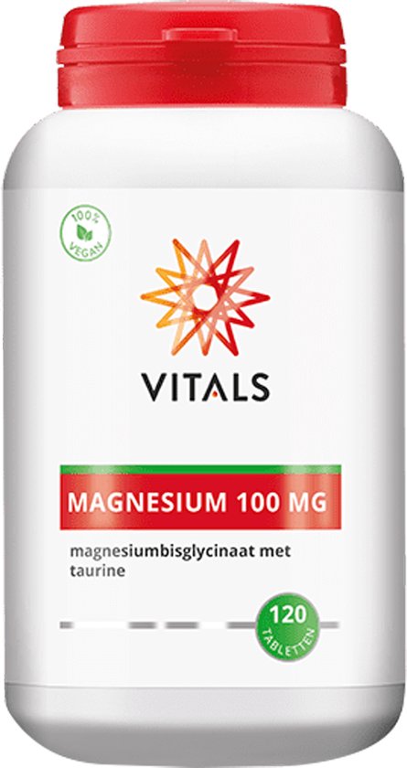 Pot Vitals Magnesium 100 MG met Taurine, 120 tabletten. Wit met rode dop.