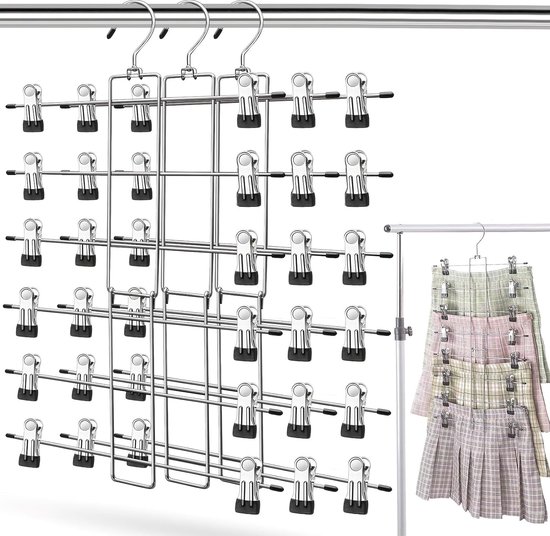 Broekhangers van metaal, 10 stuks, kleerhangers, klemhangers voor broeken, sokken, rokken, 30 cm, antislip, verchroomd, rokhanger, broekspanner met clips, hoge belastbaarheid (20 stuks