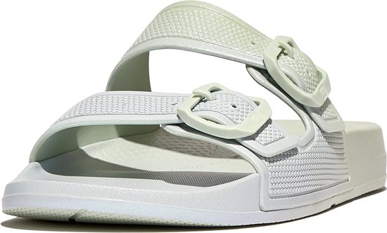 FitFlop Iqushion Iridescent Two-Bar Buckle Slides GROEN - Maat 40
