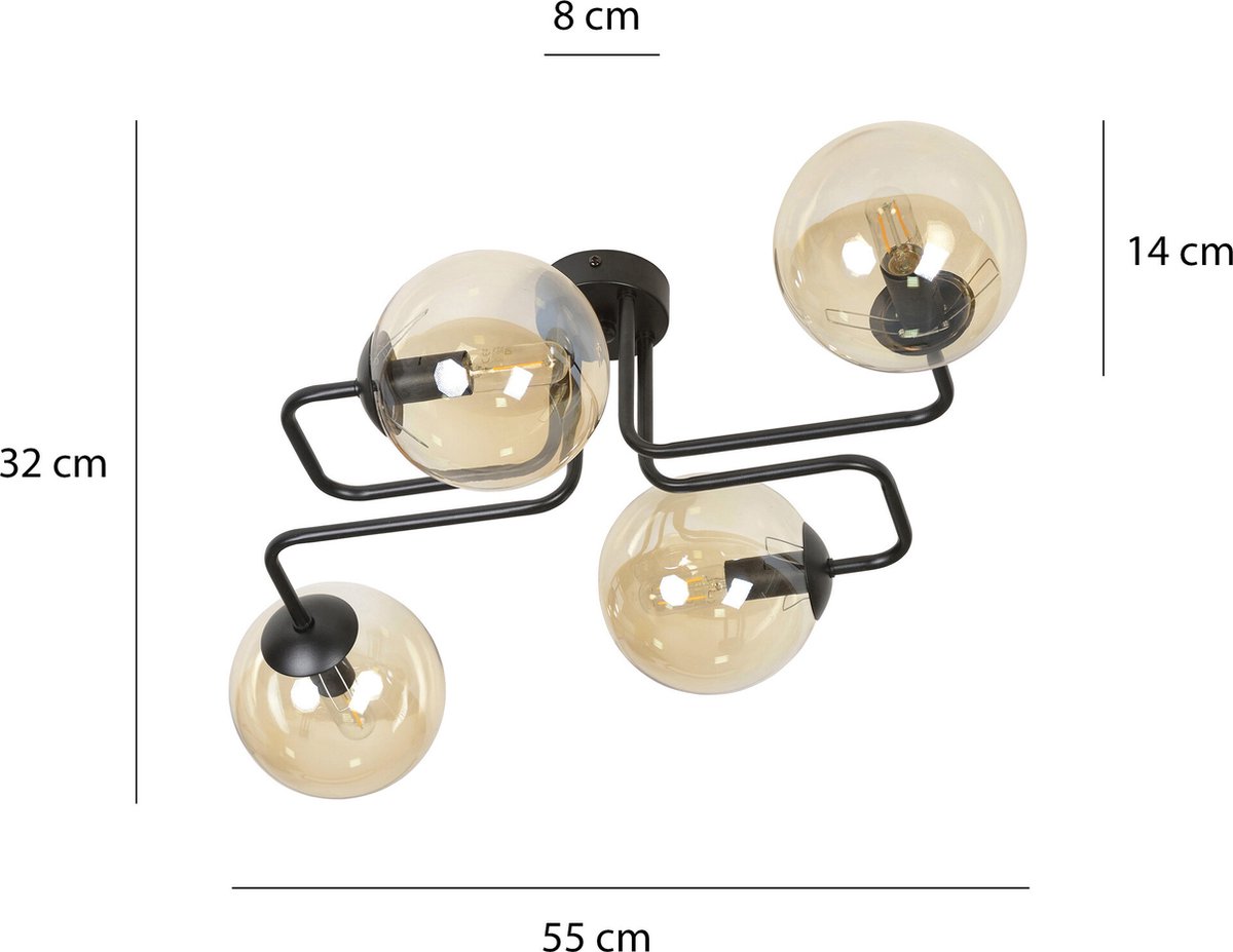 Emibig Kangasala speciale 4L plafondlamp zwart met amberkleurige bollen E14 - Creëer een sfeervolle ambiance in uw huis