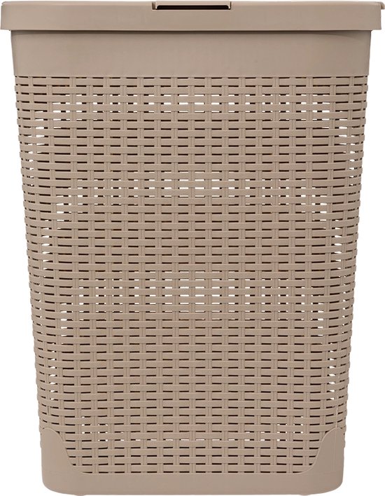 Beige, rechthoekige wasmand met gevlochten patroon en deksel.