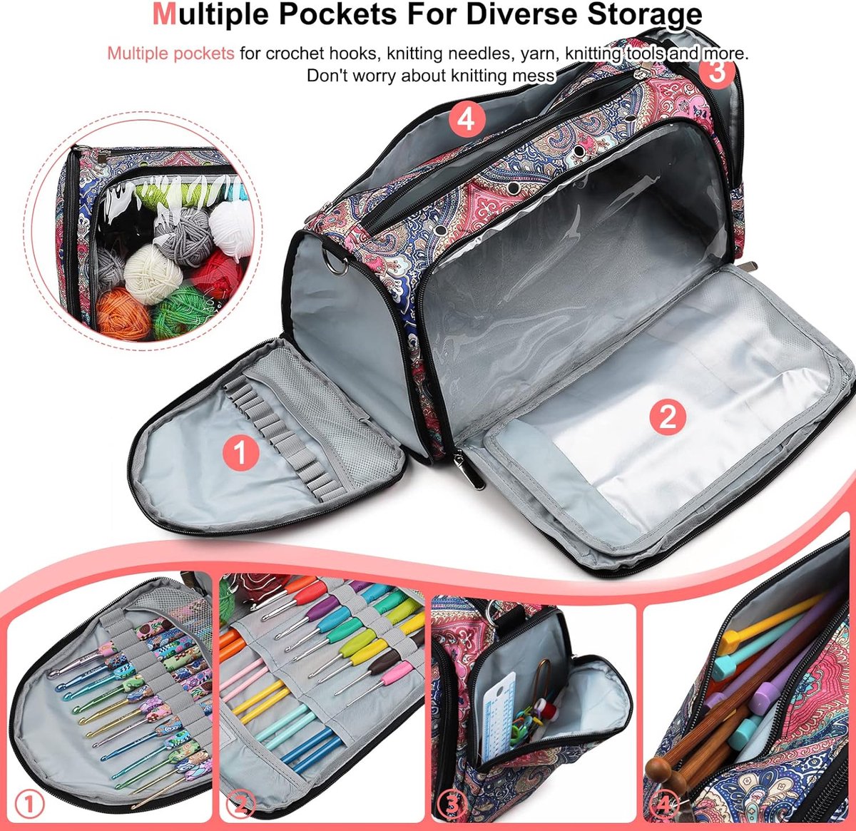 SumDirect Garentas, breien organizer draagtas draagbare opbergtas voor garen, draagprojecten, breinaalden, haaknaalden, handleidingen en andere accessoires, Schattig Blauw, Modern design