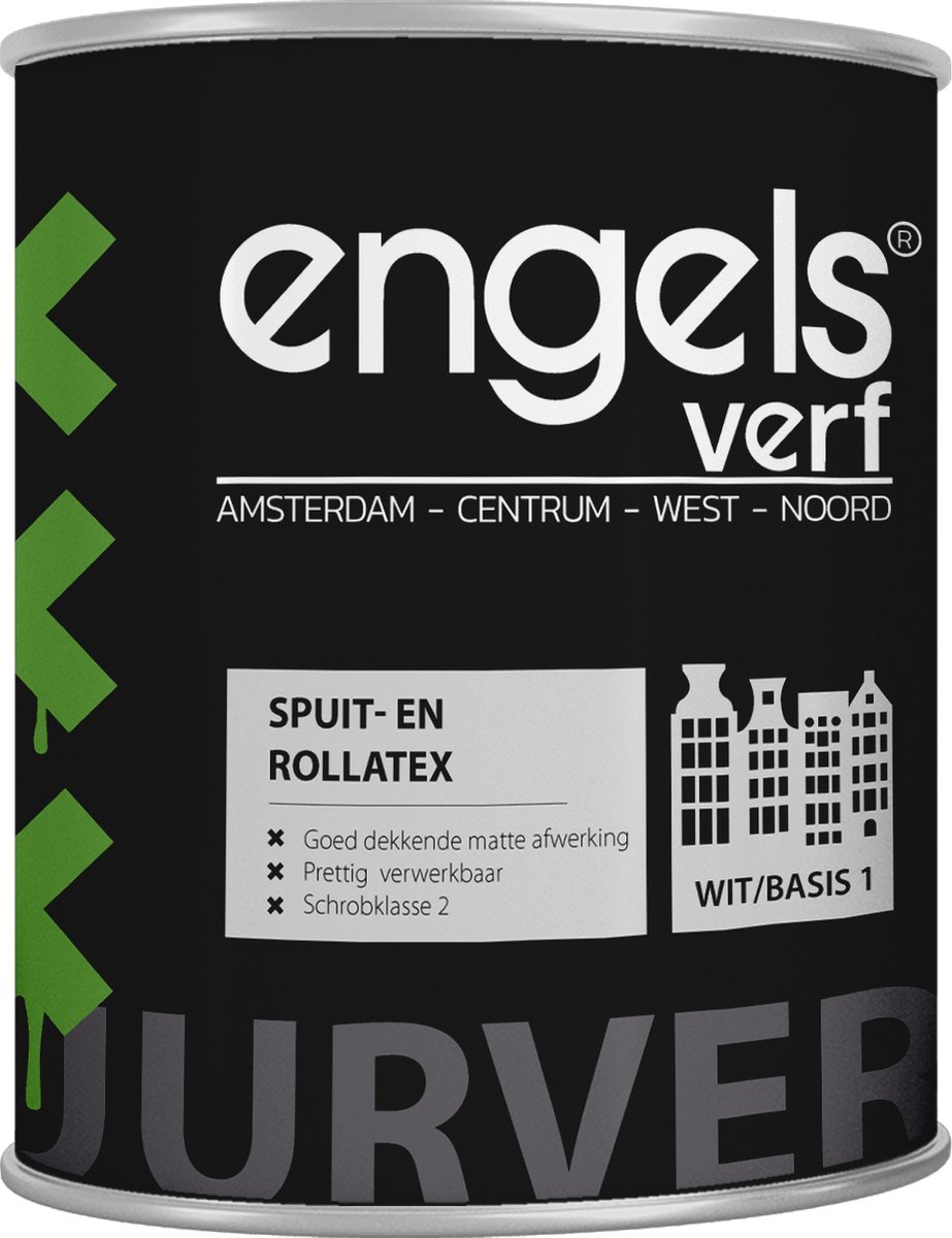 Engels Verf - Muurverf Latex Mat - Waterbasis - Dekkend Wit - Spuit en rollatex - 1 Liter
