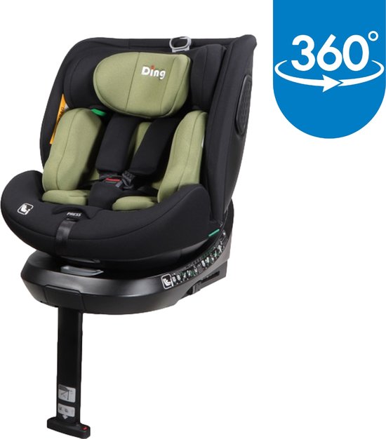Zwarte autostoel met groene kussens en 360 graden indicator.