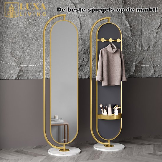 Luxaliving - Miroir pleine longueur Ovale Goud - Base Marbre Wit - Porte-Manteau 3 Angles - Verre Sécurité - Miroir Chambre - Marbre-Métal - 175 x 44 CM