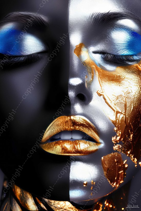 JJ-Art (Canvas) 120x80 | Vrouw gezicht in zwart, zilver, goud, blauw, portret, kunst | mens. modern | Foto-Schilderij canvas print (wanddecoratie)