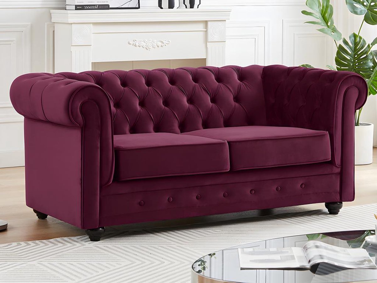 Vente-unique Tweezitsbank van purper velours CHESTERFIELD Bordeaux