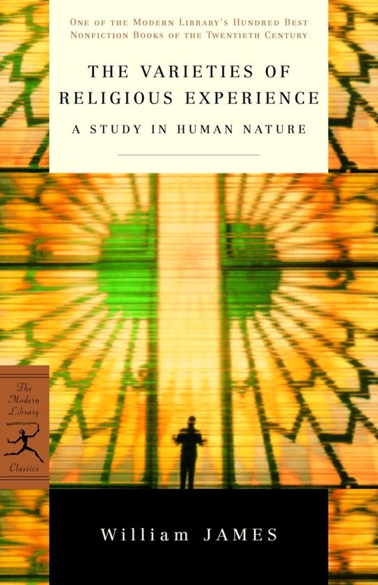 Boekcover met 'The Varieties of Religious Experience' en een gestileerde afbeelding van een persoon onder een glas-in-loodraam.