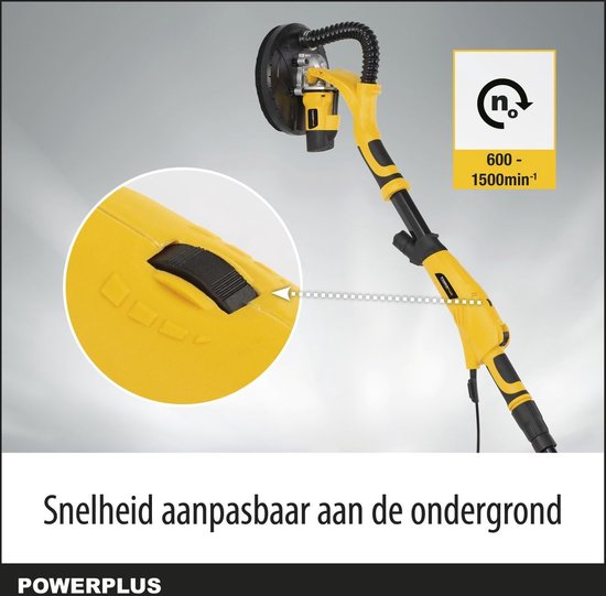 Gedetailleerde afbeelding van de gele en zwarte telescoopschuurmachine met een ingezoomd detail van de snelheidsregelaar. Tekst: Snelheid aanpasbaar aan de ondergrond.