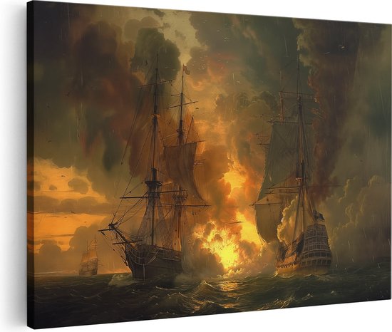 Artaza Canvas Schilderij Twee Schepen in Brand in de Oceaan - 60x40 - Wanddecoratie - Foto Op Canvas - Canvas Print