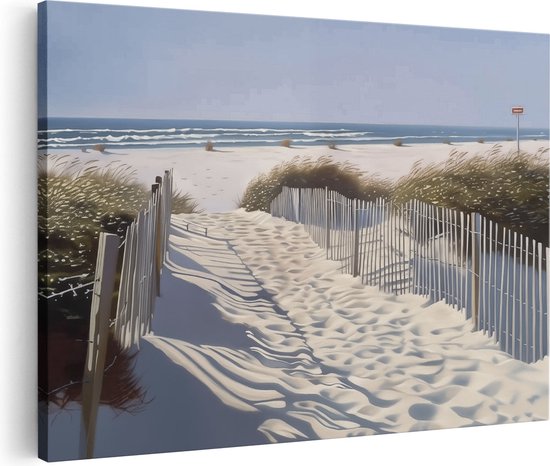 Gedetailleerd schilderij van een zanderig pad naar het strand, met witte hekken, wuivend duingras en de golven van de oceaan.