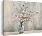 Artaza Peinture sur toile Fleurs de coton Witte dans un vase bleu - 120 x 80 - Groot - Photo sur toile - Impression sur toile