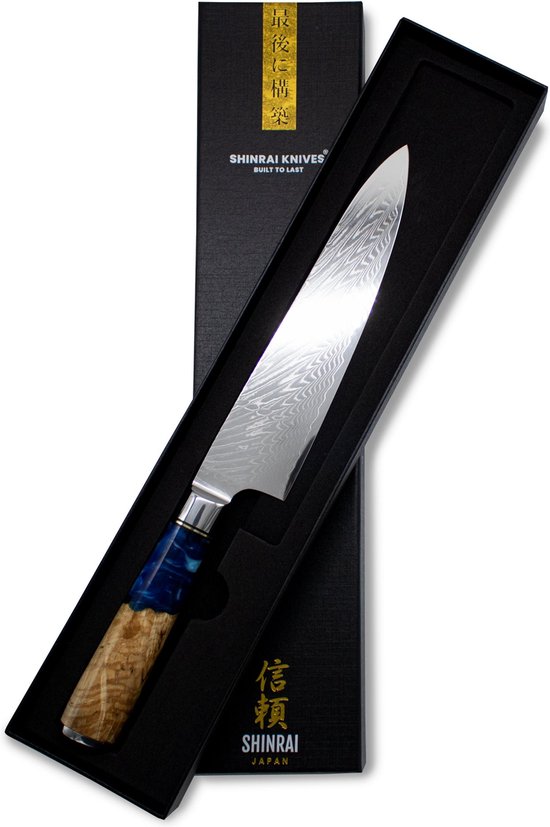 Shinrai Japan - Couteau de Chef Japonais - 20 cm - Couteau Damas - Epoxy Saphir - Coffret de luxe inclus