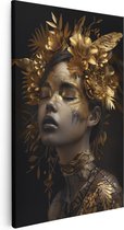 Artaza Peinture sur toile Femme avec des feuilles dorées sur son visage - 80 x 120 - Groot - Photo sur toile - Impression sur toile
