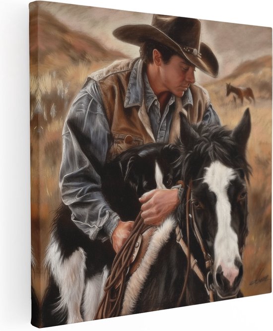 Artaza Canvas Schilderij Cowboy en zijn Hond - 50x50 - Wanddecoratie - Foto Op Canvas - Canvas Print