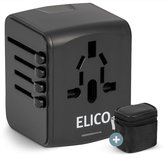 Elico Universele Wereldstekker - USB-C Fast Charging & 3 USB-A Poorten - Inclusief Beschermhoesje - Internationale Reisstekker voor 170+ Landen - Amerika (USA) - Engeland (UK) - Australië - Azië - Zuid Amerika - Europa - Thailand - Afrika - Zwart