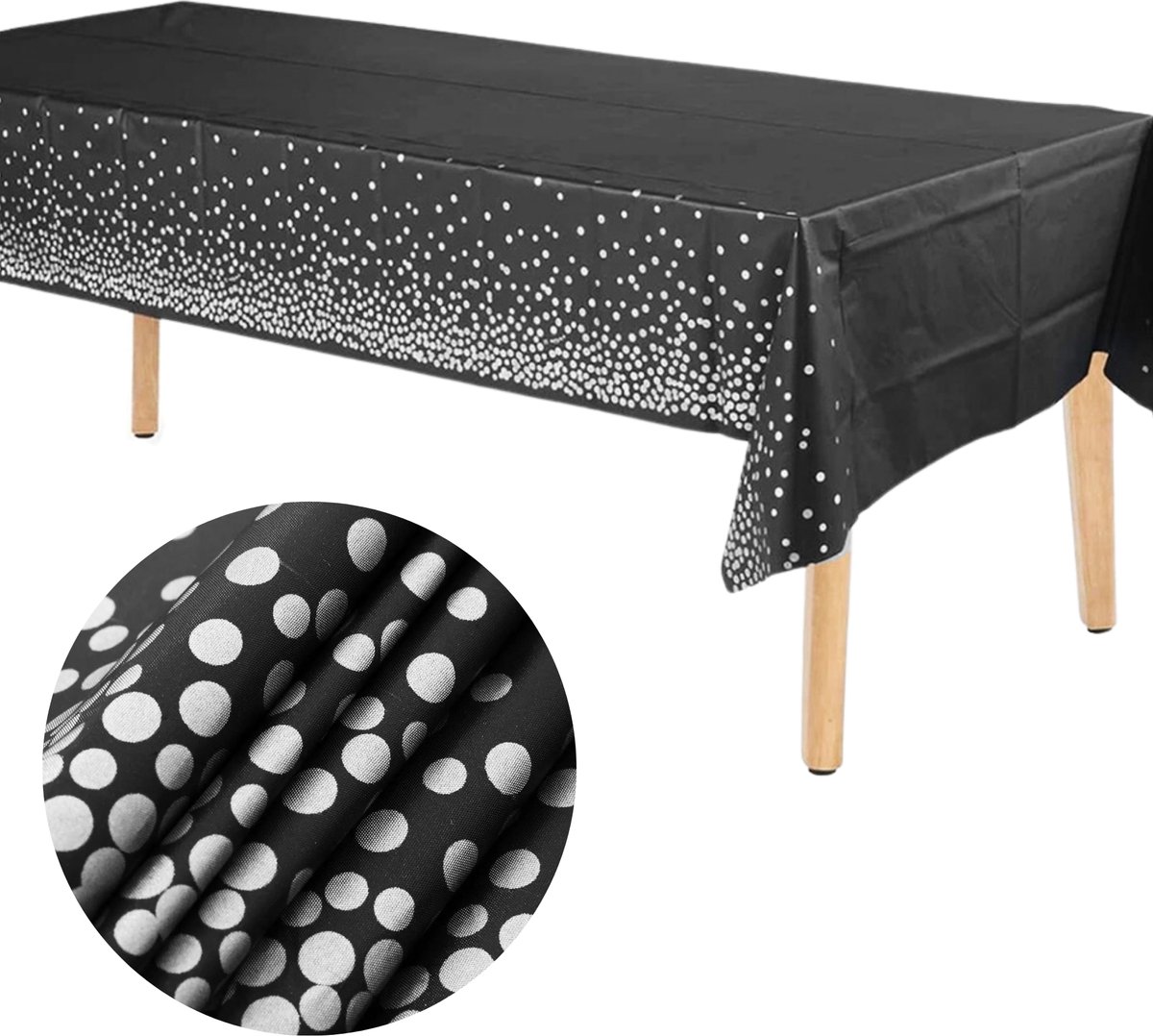 Tafelkleed Plastic - 137 x 274cm - Zwart Tafelkleed - Zilveren Stippen - Tafeldoek - Tafellaken - Tafelzeil - Halloween - Oud en Nieuw - Kerst
