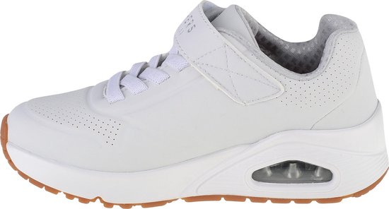 Witte Skechers sneaker met gummi zool, klittenbandsluiting en veters. Zichtbare luchtdemping in de zool.