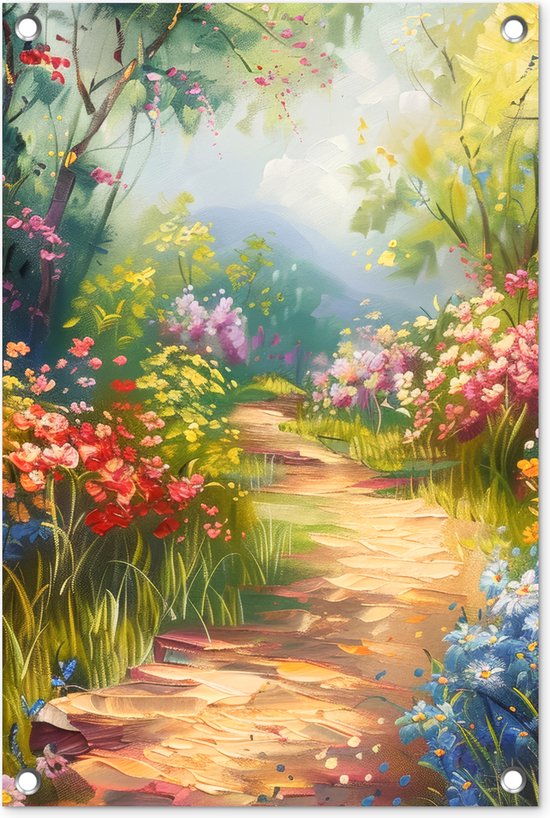 Tuinposter 40x60 cm - Tuindecoratie Natuur - Landschap - Bloemen - Kleurrijk - Poster voor in de tuin - Buiten decoratie - Schutting tuinschilderij - Tuindoek muurdecoratie - Wanddecoratie balkondoek