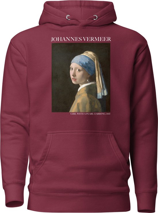 Johannes Vermeer 'Meisje met de Parel' ("Girl with a Pearl Earring") Beroemd Schilderij Hoodie | Unisex Premium Kunst Hoodie | Maroon | XL