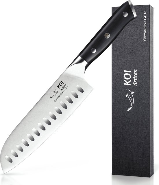 KOI Artisan® Koksmes - Chef Santokumes - 7 Inch Scherp Edge - Volle Tang - Premium Hoog Koolstof - Keukenmessen - Damascus Duitse Messen - Roestvrij Staal - Corrosie- & Vlekbestendig