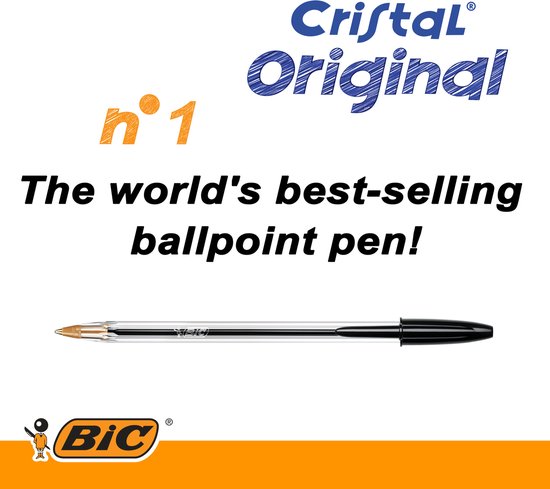Zwarte Bic Cristal balpen met een zilverkleurig lichaam en tekst 'The world's best-selling ballpoint pen!'.