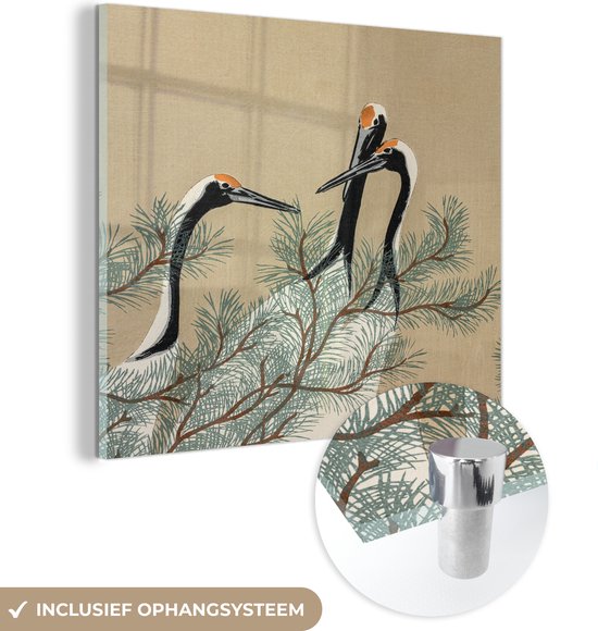 MuchoWow® Glasschilderij 20x20 cm - Schilderij acrylglas - Bladeren - Kraanvogel - Japans - Vintage - Foto op glas - Schilderijen