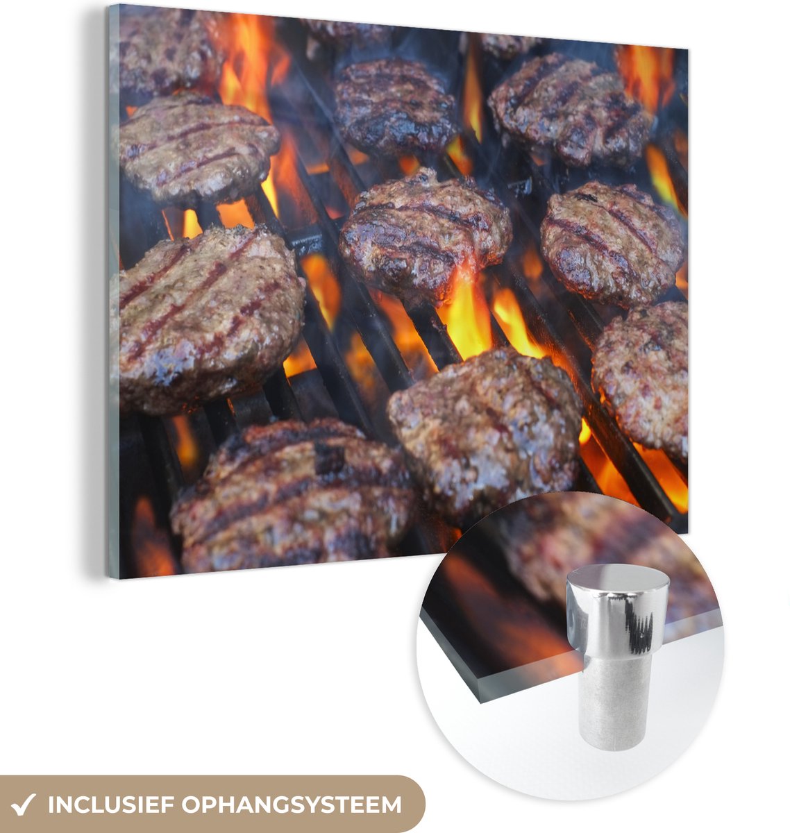 ® Glasschilderij 160x120 cm - Schilderij acrylglas - Met hamburgers gevulde barbecue - Fot