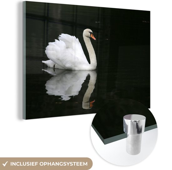 MuchoWow® Glasschilderij 180x120 cm - Schilderij acrylglas - Zwaan - Water - Zwart - Foto op glas - Schilderijen