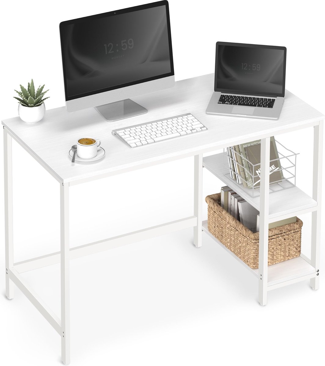 VASAGLE Computerbureau, schrijfbureau met 2 planken links of rechts, werktafel voor kantoor, woonkamer, stalen frame, modern, esdoornwit