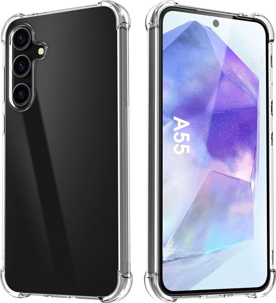Voor- en achterkant van een transparant hoesje voor de Samsung Galaxy A55.