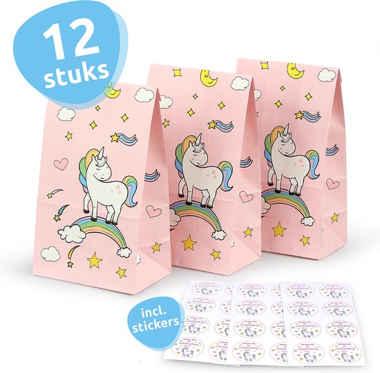Isa's Friends® Uitdeelzakjes + Stickers - Eenhoorn - 12 stuks - Stevig Papier - Traktatie zakjes