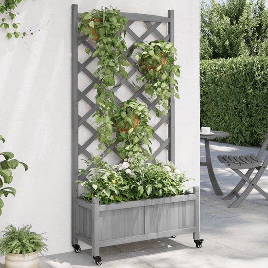 Jardinière LBB avec portique grimpant - Bac à fleurs - Avec treillis - Avec roulettes - Extérieur - Bois - 75 x 35 x 157,5 cm - Grijs