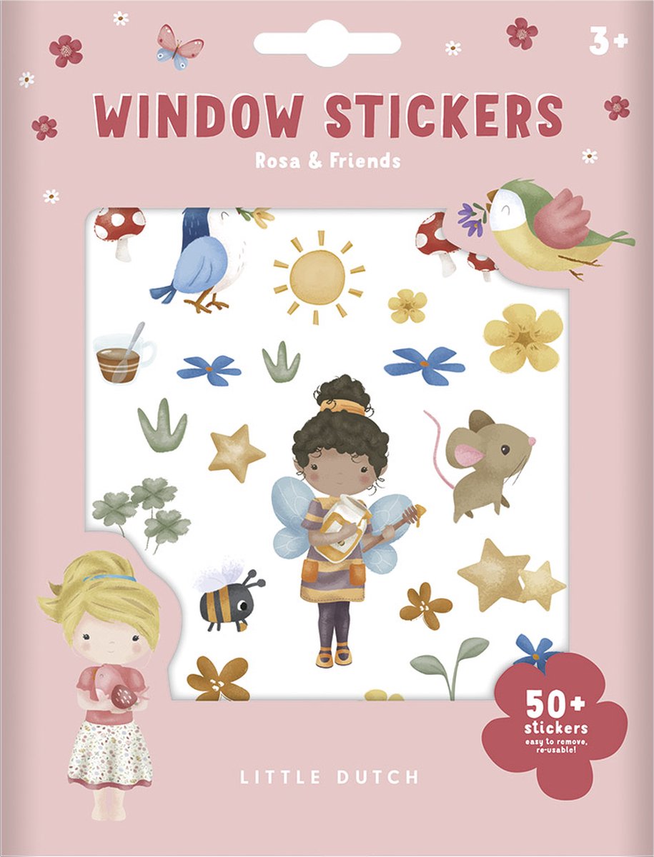 Little Dutch raamstickers Rosa & Friends niet permanente verplaatsbare stickers met speelachtergrond window stickers