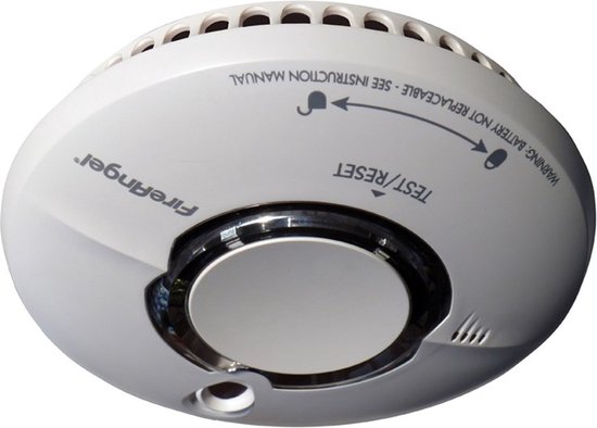 Onderkant van witte FireAngel rookmelder met 'TEST/RESET' en waarschuwing dat batterij niet vervangbaar is.
