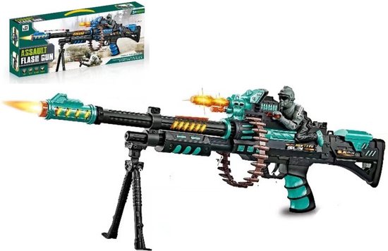 Foto: Speelgoedgeweer machine gun met draaiende kogelriem led licht schietgeluiden en trill functie 69cm incl batterijen 