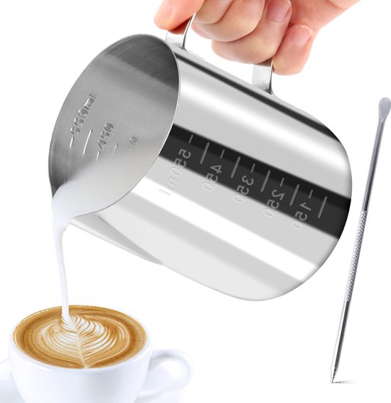 Pichet à Lait Inox 900 Ml Avec Latte Art Pen - Pour Café, Bar, Restaurant - Échelle Graduée - Acier Inoxydable 304