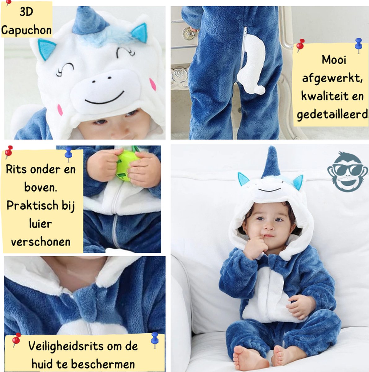 BoefieBoef Dieren Onesie Pyjama Kinderen 6m-2jr – Eenhoorn Blauw – Verkleedkleding met Luierrits – Carnaval Dierenpak - Kerst en Kraamcadeau - Zacht Flanel - Romper - Boxpak - Jongens - Meisjes — afbeelding 3