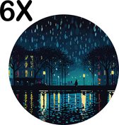 BWK Luxe Ronde Placemat - Regenachtige Nacht - Skyline - Illustratie - Set van 6 Placemats - 50x50 cm - 2 mm dik Vinyl - Anti Slip - Afneembaar