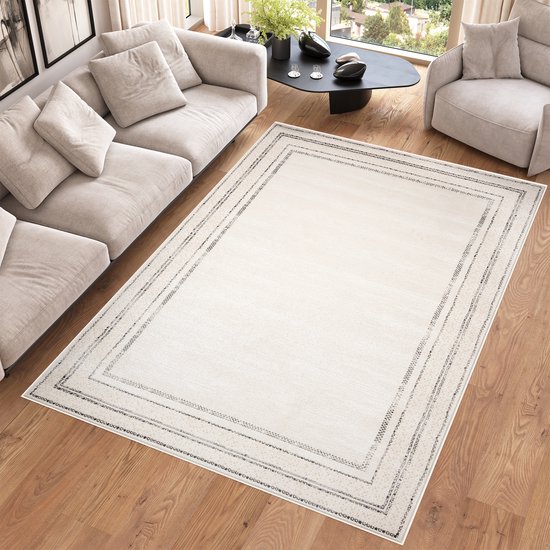 Tapiso Hera Vloerkleed Wit Beige Laagpolig Woonkamer Frame Tapijt Maat- 140x200