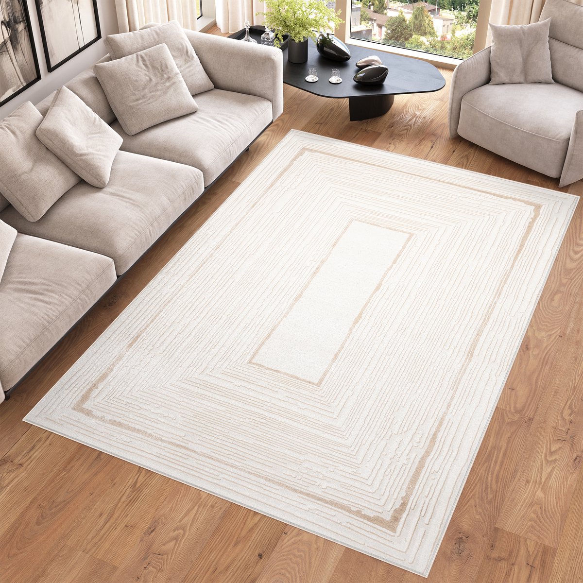 Tapiso Hera Vloerkleed Wit Beige Laagpolig Modern Woonkamer Tapijt Maat- 160x220