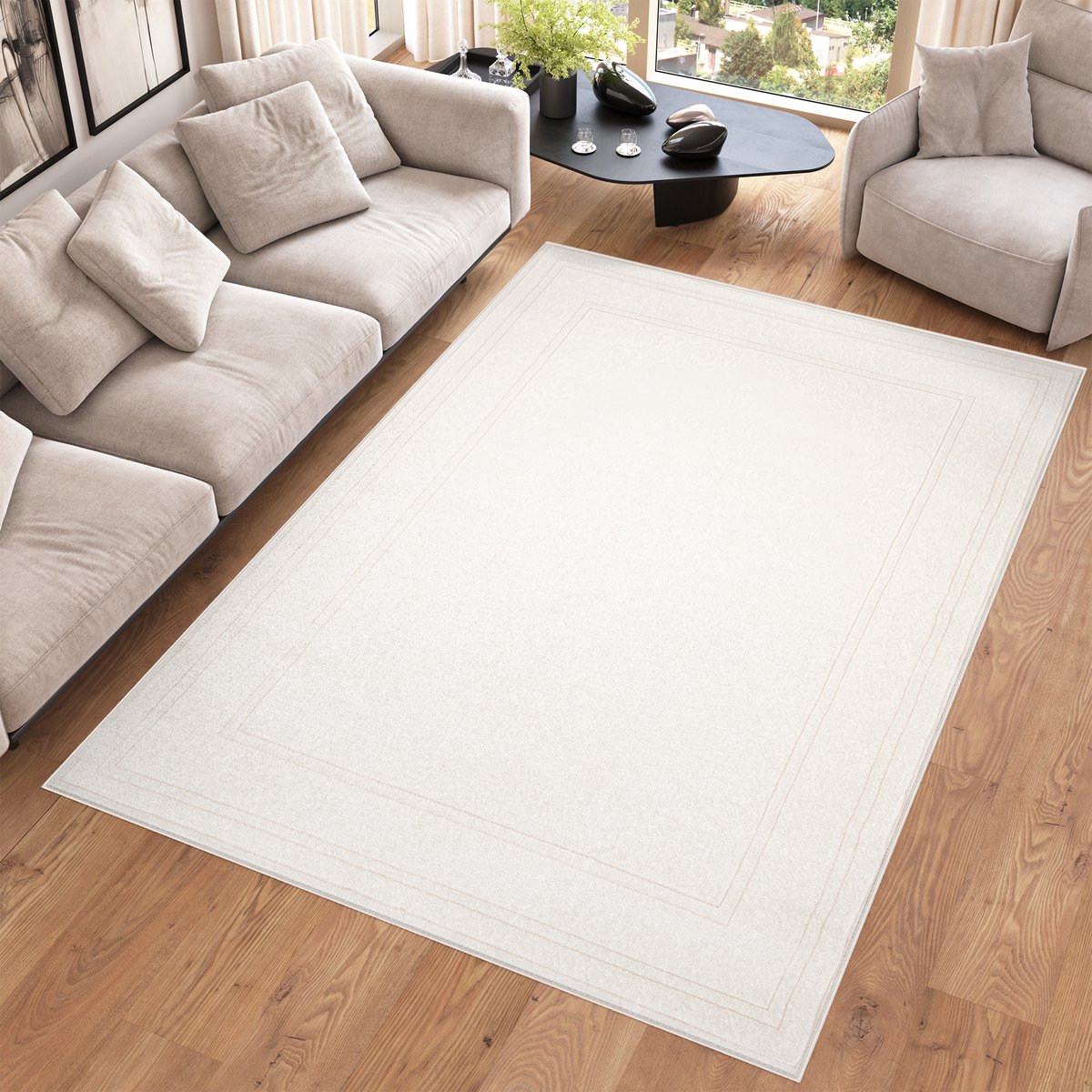 Tapiso Hera Vloerkleed Wit Laagpolig Woonkamer Effen Lijnen Tapijt Maat- 160x220