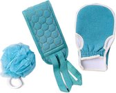 3 Stuks Scrub Set- Scrubhandschoenen - Back Scrubber - Dode Huidcellen Verwijderen - Scrub Handschoen - Spons-Blauw