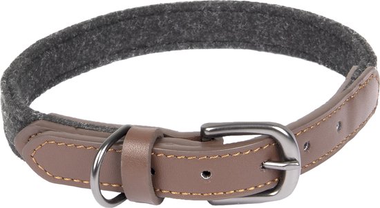 Collier pour chien avec extérieur en feutre gris foncé et intérieur, boucle et anneau en D en cuir marron.