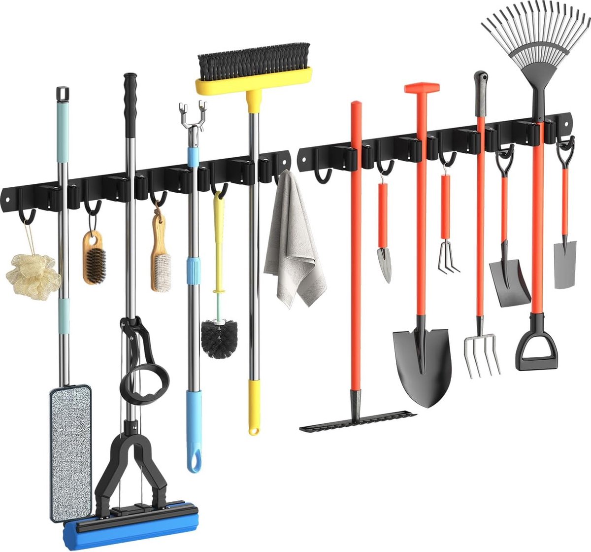 Bezemhouders 2 stuks wandhouder roestvrij staal bezemhouder gereedschapshouder tuingereedschaphouder mophouder organizer met 4 houders en 5 haken voor thuis keuken badkamer garage tuin