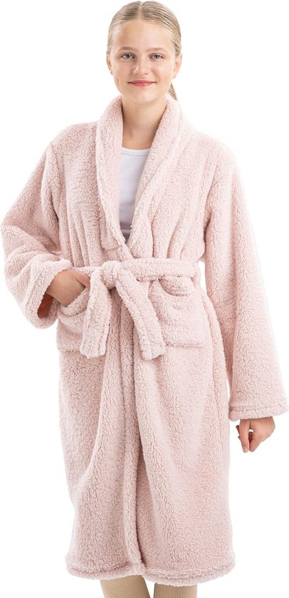 Knuffelfleece badjas voor kinderen - Sherpa ochtendjas met zakken sjaalkraag riem - kinderbadjas voor jongens en meisjes, lichtroze